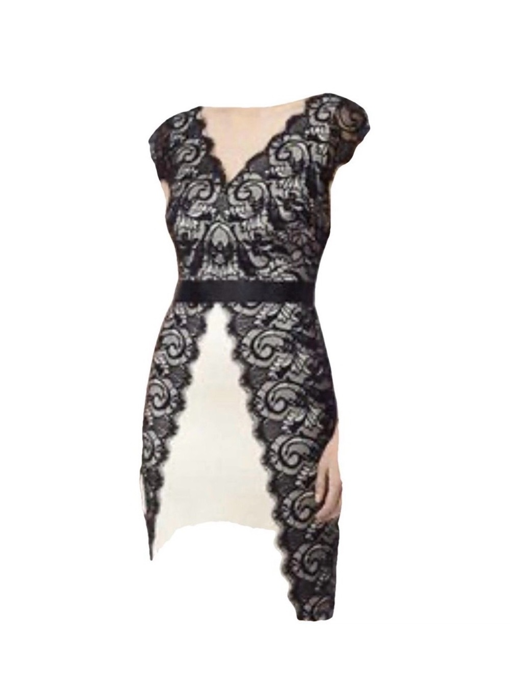 Reiss Black Lace Asymmetrical Sheath Dress with Cream Underlay